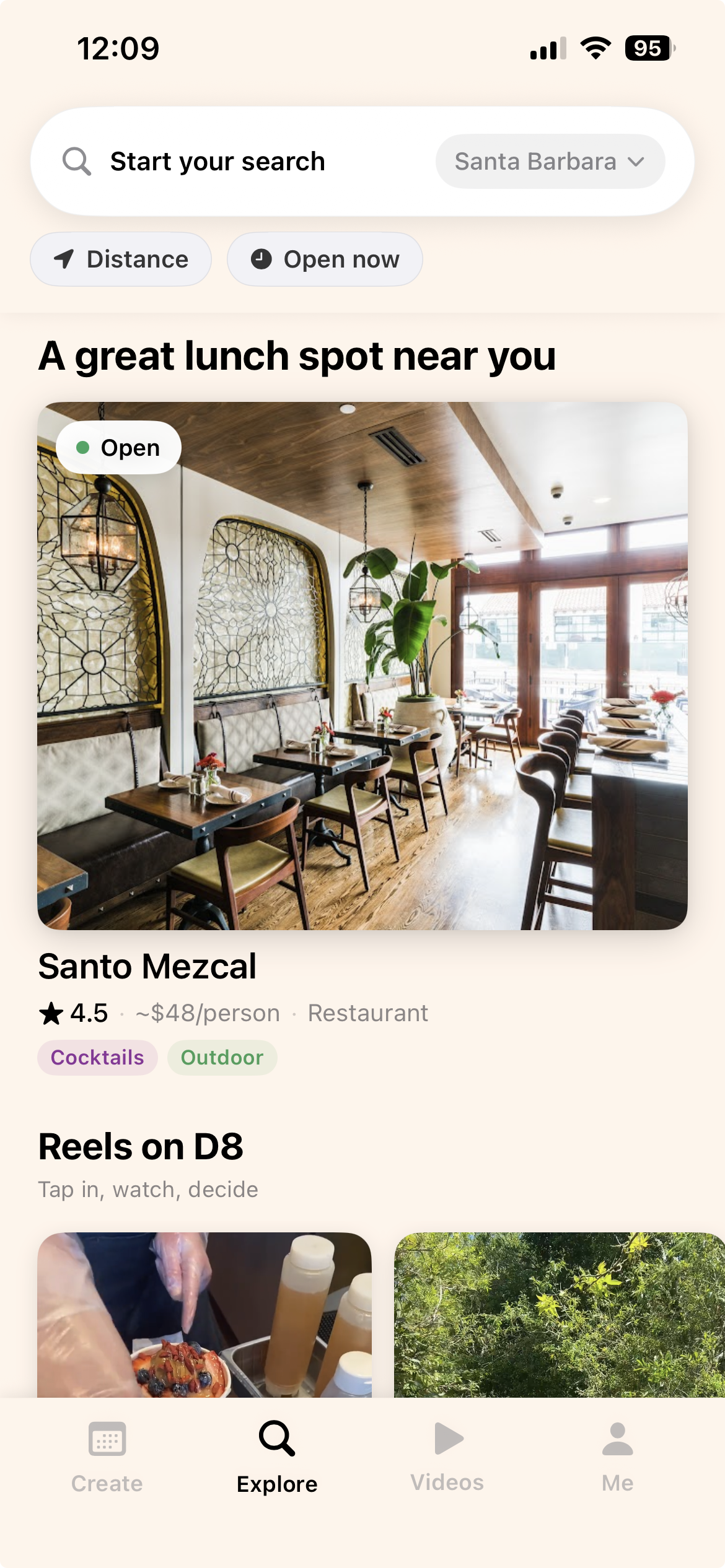 D8 app Explore tab showing curated restaurant picks